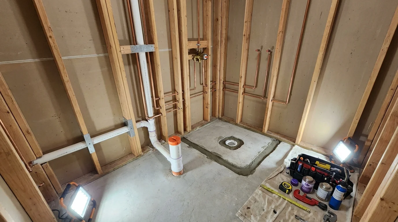 Bathroom rough-in plumbing during remodel by Johns Plumbing LLC in Ina