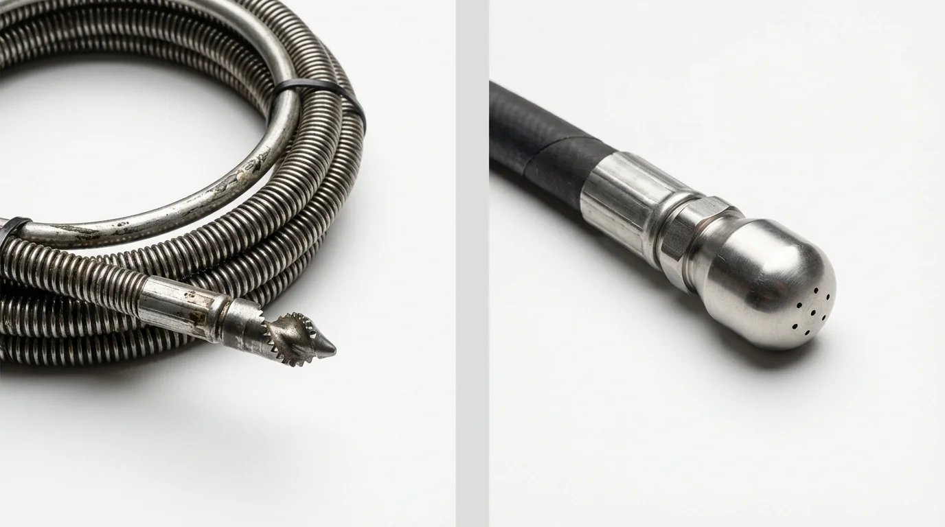 Drain snake cable and hydro jetting nozzle used for drain cleaning in Ina, IL