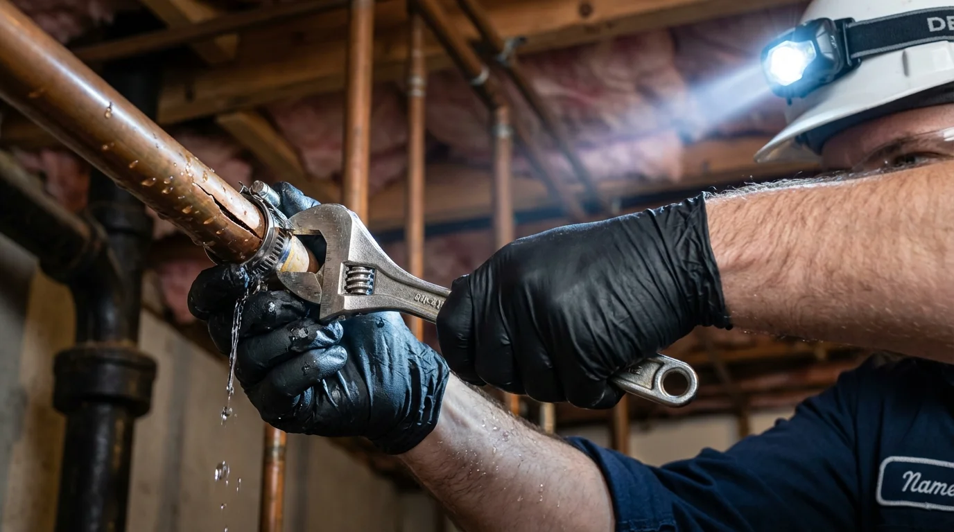 Emergency pipe clamp repair being performed by a Johns Plumbing LLC plumber in Ina