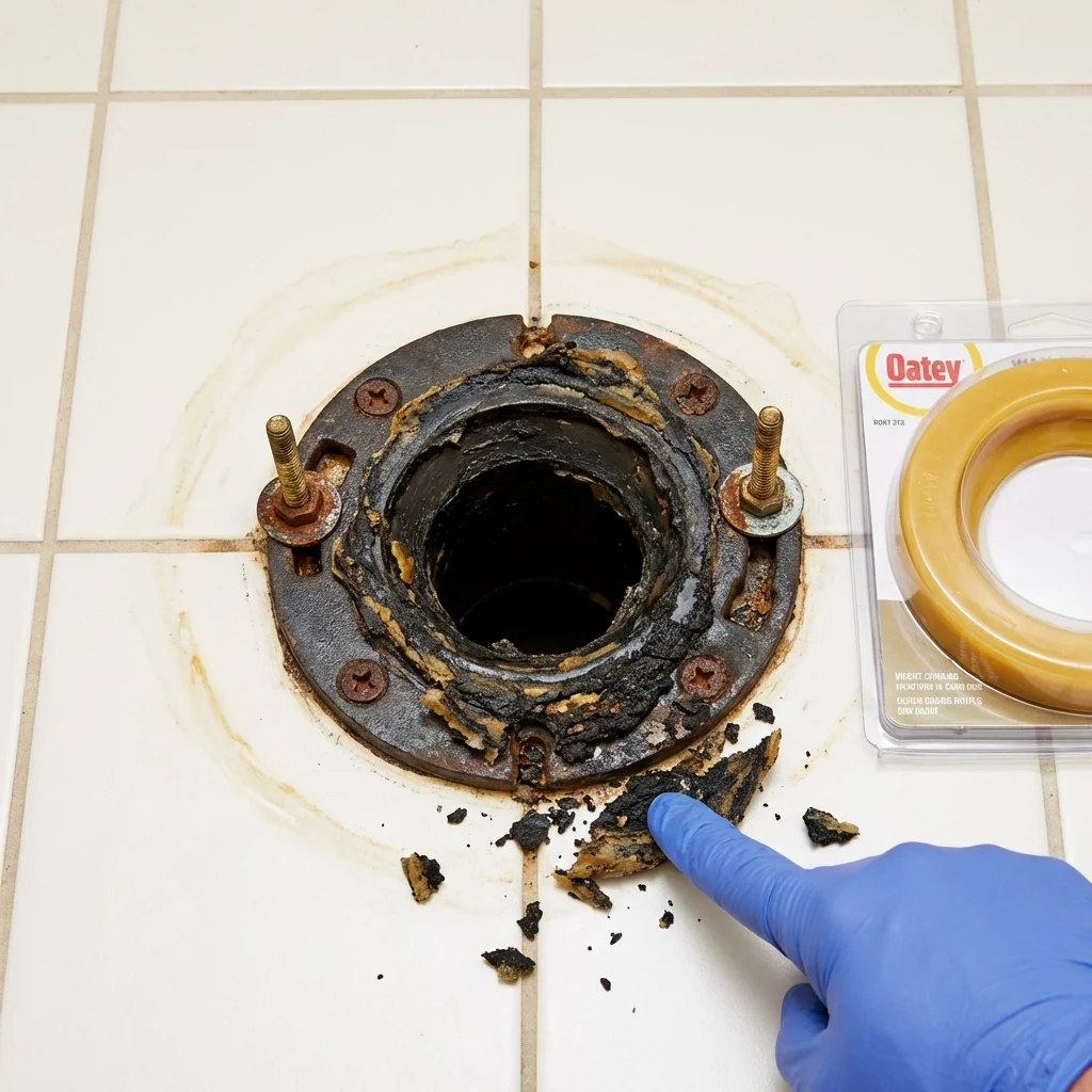 Failed wax ring showing water seepage at the base of a toilet in a Ina, IL home